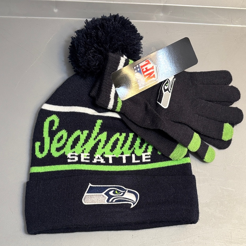 NFL Seattle Seahawks Knit Hat and Gloves Set - Navy and Green